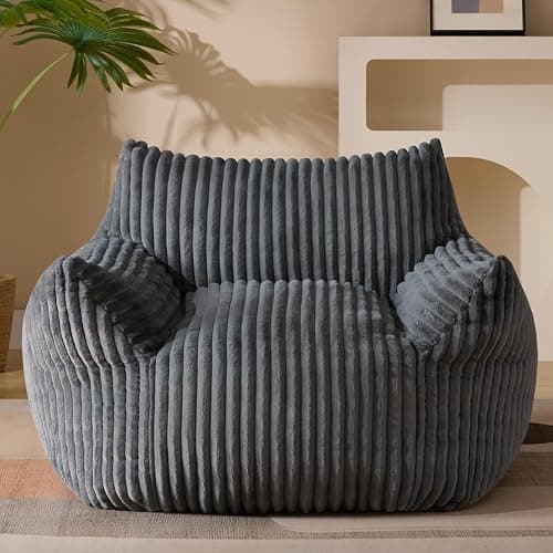 Giant Plush Bean Bag Chair for Adults with Armrests - Oversized Comfy Grey Beanbag Lounge Lazy Floor Sofa Accent Chair for Living Room, Bedroom & Dorm, Cozy Fluffy Single Cloud Mini Couch - Image 1