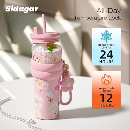 Sidagar 24 oz Stainless Steel Tumbler with Lid and Straw, Insulated Coffee Mug, Leak Proof, Portable Iced Travel Water Bottle, Reusable Thermal Coffee Cup, Floral Pink thumbnail 5