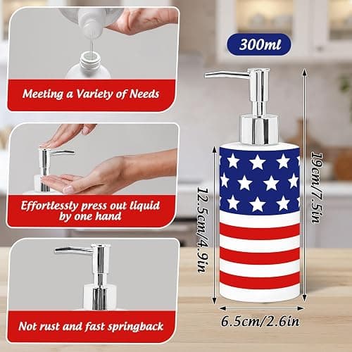 FYSUIMU Patriotic Soap Dispenser Refillable Liquid Container 4th of July American Flag Glass Soap Dispenser with Pump for for Independence Day Bathroom Kitchen Countertop Decor thumbnail 3