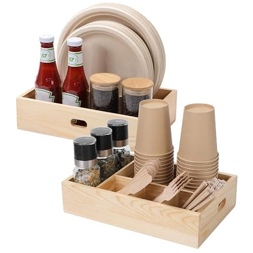 Utensil Holder for Party,Paper Plate Holders,Wood Silverware Organizer for Kitchen Countertop,Silverware Caddy,Essentials for Parties,Cutlery Flatware Organizer for Spoons Forks Napkins Cup,Set of 2 - Image 1