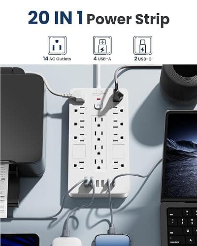 JouleLoom Surge Protector Power Strip-14 Outlets and 6 USB Ports, 6 Feet Flat Plug Extension Cord, 1850 Joules, White, ETL Listed for Home, Office, Dorm Room thumbnail 2