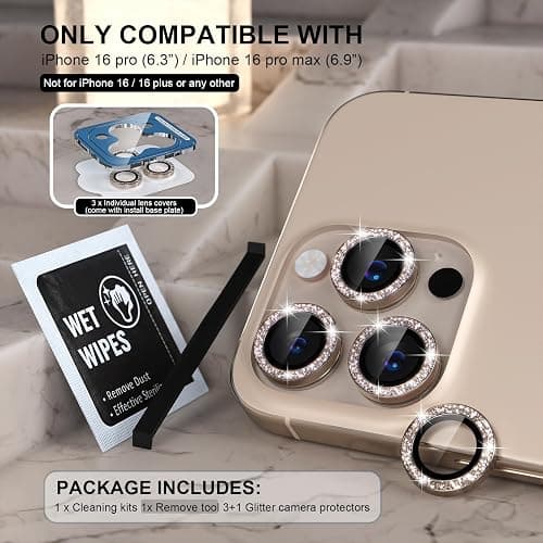 Choiche Compatible for iPhone 16 Pro/iPhone 16 Pro Max Camera Lens Protector Bling, 9H Tempered Glass Camera Cover Screen Protector Metal Ring Decoration Accessories(Glitter-Titanium Desert) thumbnail 2