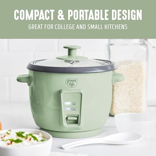 GreenLife Electric Rice Cooker, 3-Cups Uncooked/6-Cups Cooked, Removable PFAS-Free Nonstick Pot, One-Switch Design, Auto Keep Warm, Small Space Saving, Rice Paddle, Soup, Grains, Oatmeal, 1.5 QT, Green thumbnail 7