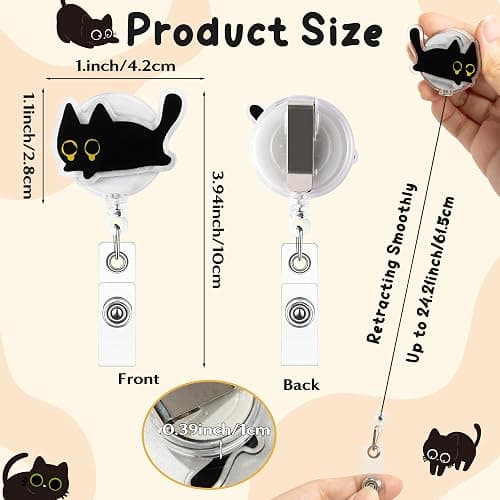 Eartim Cute Black Cat Funny Badge Reel - 9Pcs Lovely Animal Acrylic Retractable ID Badge with Metal Clip Name Tag Holder for Nurse Cat Lover Office Staff Student Birthday Gift Halloween Party Supplies thumbnail 2