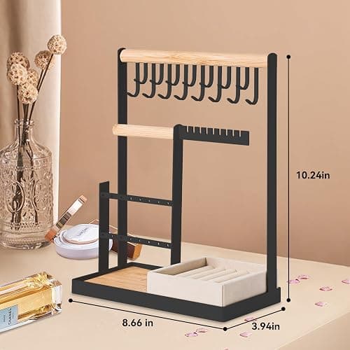 DreamGenius Jewelry Organizer Stand with Velvet Ring Holder, 4 Tier Jewelry Holder Organizer with 15 Hooks for Necklaces and 16 Holes for Earrings, Black thumbnail 3