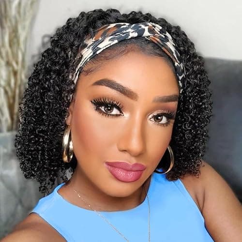 Headband Wig Human Hair,10 Inch Curly Wigs for Black Women,Natural Black | Glueless Headband Wigs,None Lace Front Wig Easy Wear,150% Density Machine Made,Half Wig Human Hair Beginner Friendly - Image 1