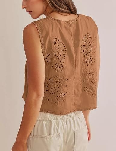 Peaceglad Womens Vest Top Trendy Floral Embroidered Eyelet Tie Front Tops Fashion Crochet Lace Hollow Out Vests thumbnail 3