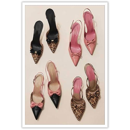 Pink Heel Leopard Posters Trendy Bow Leopard Heels Canvas Wall Art Coquettish Preppy Girly Decor Pink Sexy Aesthetic Prints Painting For Dormitory Bedroom Apartment 16x24in Unframed - Image 1