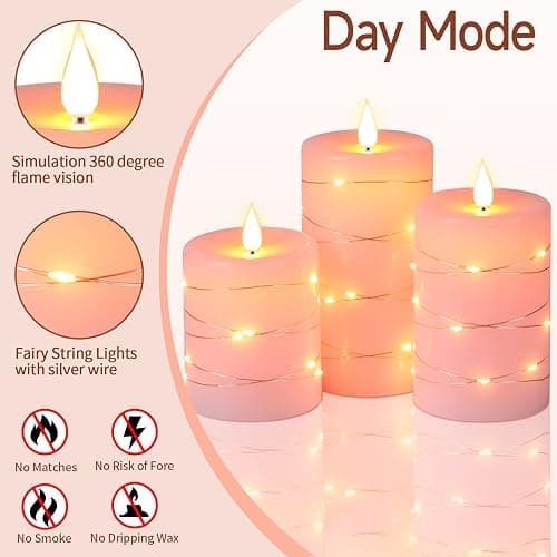 Da by 3 Pack Pink Real Wax Flameless Taper Candles, Lifelike Flickering LED Flame Candles with Surrounding Fairy String Lights, Soft Warm Battery Candles with Remote for Home Wedding Party Decor thumbnail 4