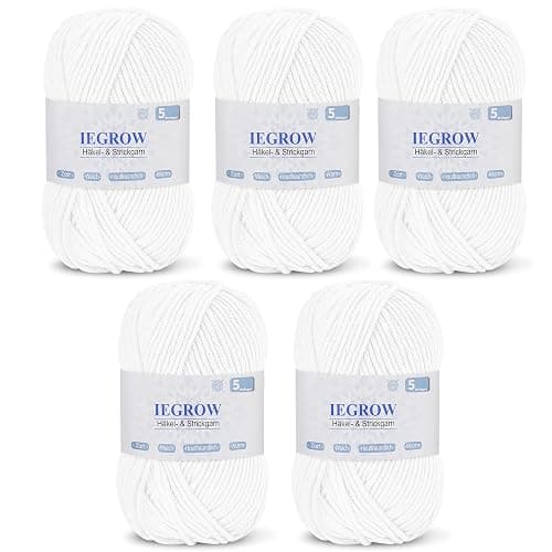 iEGrow Handstrickgarn 250 g, Häkelgarn, Acrylgarn zum Stricken, Häkelgarn für Anfänger, Geeignet für Stricken, Häkeln und Handarbeiten, Weich und bequem (5 x 50 g) Reines Weiß - Image 1