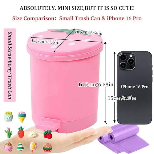 BxuxJar Strawberry Trash Can with Lid 1 Gal Small Cute Trash Can for Desk | Small Pink Strawberry Trashcan Cute Girls Room Trash Can for Bedroom Desk Office with Garbage Bag and 3D Cartoon Stickers thumbnail 2