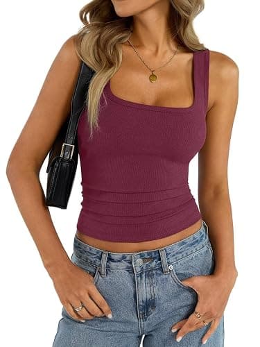 EasyGala Womens Cotton Square Neck Ribbed Tank Tops Fitted Thin Shoulder Strap Sleeveless Basic Summer Cami Clothes 2025 thumbnail 5