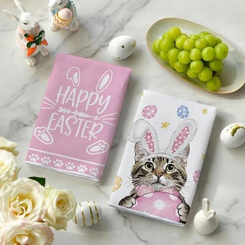 Artoid Mode Pink Rabbit Ears Cat Eggs Happy Easter Kitchen Towels Dish Towels, 18x26 Inch Spring Summer Holiday Decoration Hand Towels Set of 2 thumbnail 4