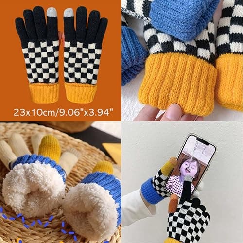 Plaid Winter Gloves with Touch Screen for Women Girls Checkered Double Layer Cold Weather Gloves Thick Thermal Plush Mittens thumbnail 7