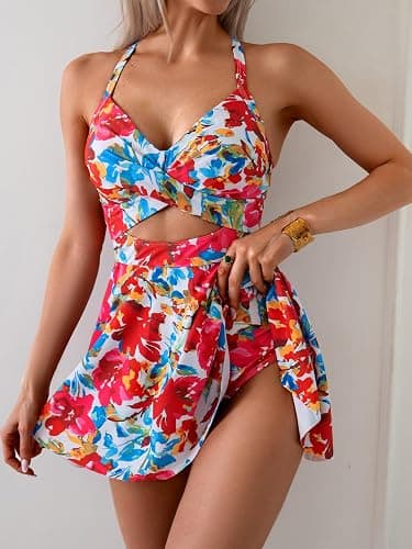 B2prity Women's Swim Dress Tummy Control One Piece Swimsuit with Skirt | Modest bathing suit with skirt,Slimming Swimdress,Adjustable Tie Back,Built-in Safety Brief,Push Up Non-removable Pads thumbnail 3