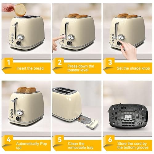 Toaster 2 slice, KitchMix Retro Stainless Steel Toaster with 6 Settings, 1.5 In Extra Wide Slots, Bagel/Defrost/Cancel Function, Removable Crumb Tray (Cream) thumbnail 6
