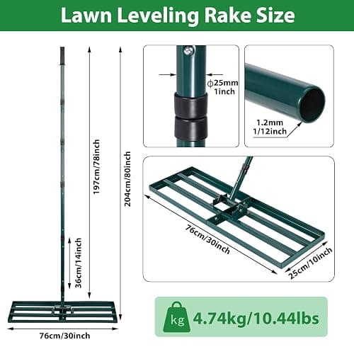 Lawn Leveling Rake,Stainless Steel Lawn Leveler with 30”x10” Ground Plate, 78” Adjustable Long Handle, Level Yard Tool for Grass, Golf Field, Level Soil or Dirt Ground Surfaces-Green thumbnail 2