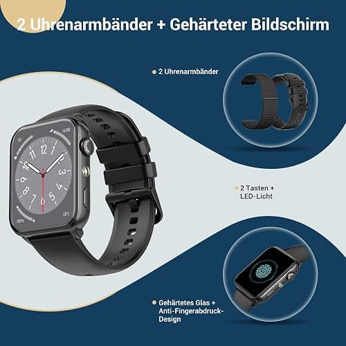 Smartwatch Herren Damen, 1,91'' HD Touch Fitnessuhr mit LED Taschenlampe & Bluetooth Anrufe, 100+ Sportmodi Fitness Tracker mit SpO2-Schlaf-Schrittzähler-2 Armbändern, IP68 Wasserdicht für iOS Android thumbnail 6