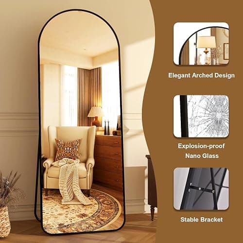 HARRITPURE 64"x21" Arched Full Length Mirror Floor Mirrors with Aluminum Alloy Frame Free-Standing Wall Mounted or Leaning Large Bedroom Dressing Mirror Modern & Contemporary Decor for Home,Black thumbnail 4