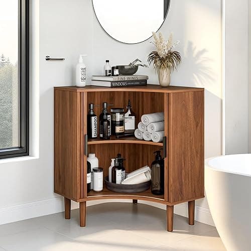 Fluted Corner Cabinet, Small Corner Floor Cabinet with Sliding Doors and Adjustable Shelves, Modern Wooden Freestanding Narrow Storage Organizer for Small Space,Living Room, Dining Room, Bathroom thumbnail 5
