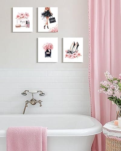 Drsoum Glam Fashion Makeup Room Decor Framed Pink Beauty Girly Elegantes Bathroom Wall Art Perfume Handbags High Heels Pictures Bedroom Dorm Decorations Ready to Hang 8x10inx4pcs (Framed) thumbnail 4