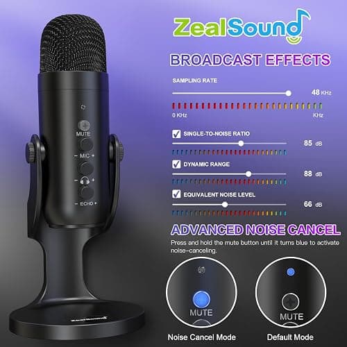 ZealSound USB Microphone,Condenser Computer PC Mic,Plug&Play Gaming Microphones for PS 4&5.Headphone Output&Volume Control,Mic Gain Control,Mute Button Vocal,YouTube Podcast on Mac&Windows(Black) thumbnail 3