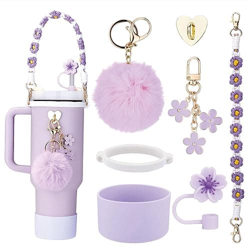 Stanley Tumbler Accessories - 7pc Set for 30/40 oz Cup, Including Handle Strap, Cup Boot, Straw Cover, Plush Ball and Key Charm, Purple - Purple