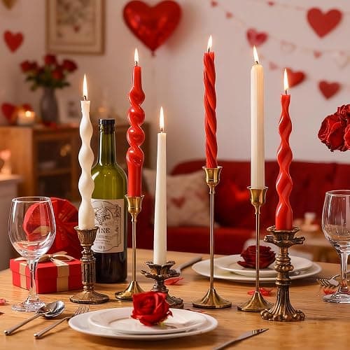Lyrow 6 Pcs 8 Inch Colored Twisted Taper Candles Dripless Unscented Spiral Wax Taper Candle Long Swirl Tapered Candlesticks for Christmas Valentine Wedding Holiday Party Decoration(Red and White) thumbnail 2