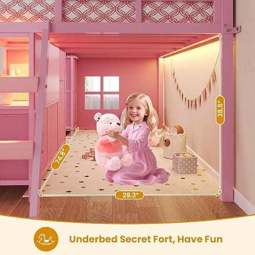 ADORNEVE Low Loft Bed Twin Size with 7 Storage Drawers, Bookcase and LED Lights, Metal Kids Loft Bed with 14" H Safety Guardrail,Inclined Ladder and Play Curtain, Under-Bed Play Space,Pink thumbnail 7