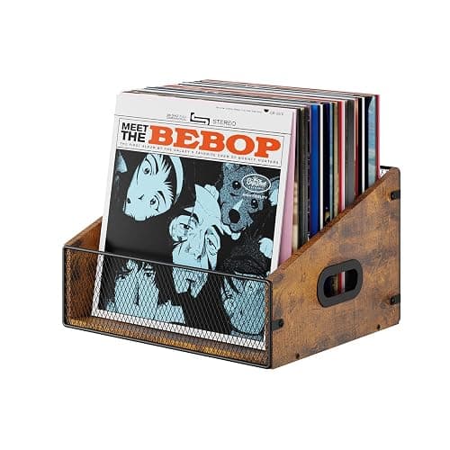 Yuzehuaza Vinyl Record Storage Holder, Trapezoidal LP Vinyl Record Crate with Handle, Wood & Metal Album Storage Desktop Organizer Box for Books Files, Rustic Brown - Image 1
