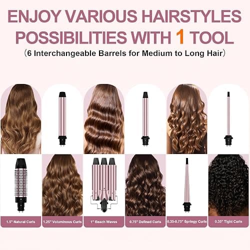 6 in 1 Wand Curling Iron Set, 3 Barrel Curling Wand Set with Thermal Brush (1.5") and 5 Interchangeable Ceramic Hair Wand Curler (0.35"-1.25"), Home Travel Multi Curl, 2 Temp 30S Instant Heat Up thumbnail 2