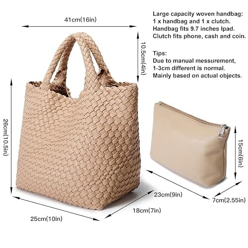 Woven Bag for Women, Vegan Leather Tote Bag Large Summer Beach Travel Handbag and Purse Retro Handmade Shoulder Bag - Apricot thumbnail 3