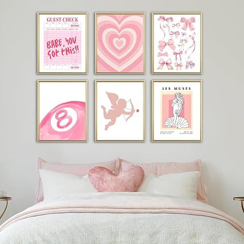 Pink Wall Art Posters - Aesthetic Prints, Cute Dorm Posters, Preppy Wall Decor with Heart & Bows - Set of 6 for Room Decor, Teen Girls Bedroom, College Dorm thumbnail 4