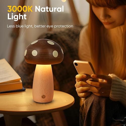 LONRISWAY LED Wooden Mushroom Lamp for Bedroom,Portable Cordless Touch Switch Small Rechargeable Battery Operated Lamp,Stepless Dimming, Night Light for Birthday Gifts thumbnail 2