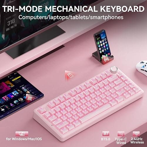 SOLAKAKA A75 Wireless Gaming Keyboard with Multifunction Knob, BT5.0/2.4GHz/USB-C, 75% Mechanical Keyboard, Hot-Swappable, Gasket Creamy Keyboard with RGB Backlit, Crystal Keycaps, for PC/Mac/PC thumbnail 3