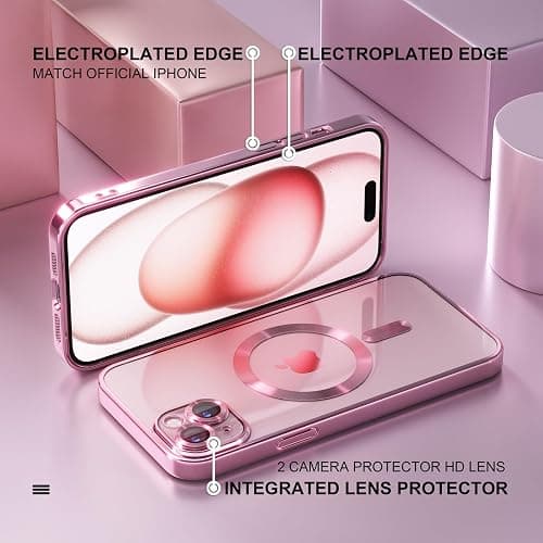 Misea Magnetic for iPhone 15 Case Compatible with MagSafe [Never Yellowing] [Military Grade Drop Protection] Full Camera Lens Protector Plating Soft Clear Phone Case for Women, Pink thumbnail 6