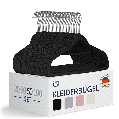 Blumtal 50 Stück Kleiderbügel aus Samt – Samt-Kleiderbügel, rutschfest, um 360° drehbar, platzsparend, hochwertig mit Krawattenklammer – Schwarz - Image 1