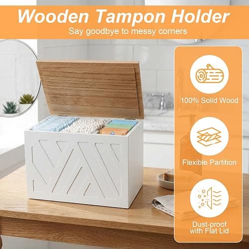 Oqqlin Tampon Holder for Bathroom Storage, Feminine Products Organizer with Lid Wooden Shark Week Tampon Storage for Bathroom, Bedroom, Toilet (White) thumbnail 5