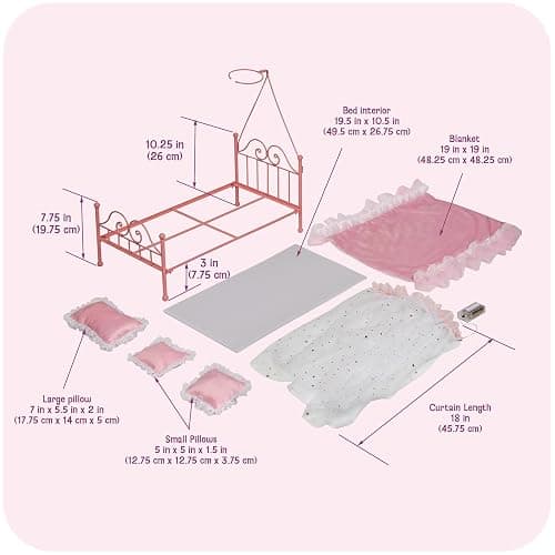 Badger Basket Starlights Metal Doll Bed - LED Canopy Bed Set Fits 18 Inch Dolls - Includes Mesh Drapes Decorative Pillows Reversible Blanket - Pretend Play Doll Furniture - Pink thumbnail 6