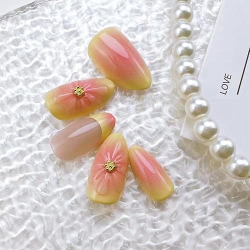 24pcs French Tip Press on Nails Short Almond Fake Nails with 3D Flower Designs Summer Floral False Nails Kit Pink Yellow Gradient Acrylic Nail Tips Full Cover Stick on Nails for Women thumbnail 6