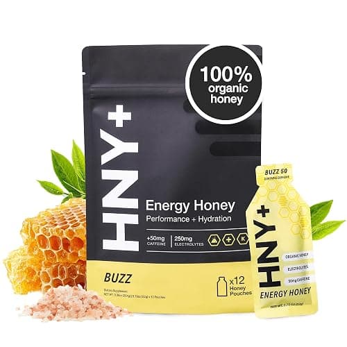 HNY+ Buzz Organic Honey Energy Gel with Electrolytes, Magnesium, Sea Salt, Potassium & Green Tea Caffeine, Gluten Free & Vegan, Workout Gels, for Gym, Running & Hiking, 50mg Caffeine, 12 Pack - Image 1