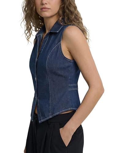 LYANER Women's Denim Vest Sleeveless Collared V Neck Button Down Casual Summer Jean Tank Shirt Top thumbnail 4