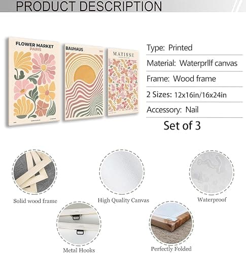 BingruiArt Boho Abstract Wall Art Yellow Canvas Flower Market Posters Set of 3 Bauhaus Pictures Matisse Print Floral Aesthetic Painting Decor for Dorm Living Room Bedroom 12"x16" Framed thumbnail 6