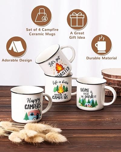 Nefelibata Camping Gifts Ceramic Coffee Mug Set of 4 Happy Campers Tea Cups | Travel Holiday Campfire Coffee Cup for Coffee, Tea & Hot Cocoa Outdoor Anniversary Wedding Christmas Camping Lover Gifts thumbnail 4
