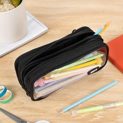 ZIPIT Half & Half Pencil Case, 3-Compartment Aesthetic Zipper Pouch, Black | Clear-front pencil case for school, dedicated organizer panels, holds up to 70 pens & pencils, durable easy-care polyester thumbnail 2