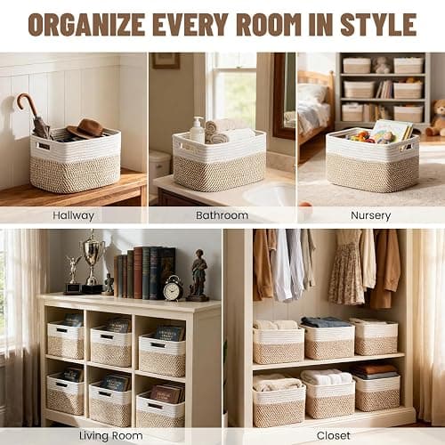 Yilobi 5 Pack Woven Storage Baskets for Shelves, Decorative Basket Organizer Storage Bins for Toys, Books, Clothes, Closet, Nursery, Bathroom – Cotton Rope Shelf Baskets for Organizing, Khaki & White thumbnail 6