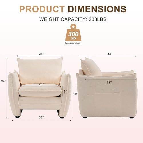 ENYLAY Oversized Accent Chair, Modern Single Sofa Cloud Chairs with Removable Pillow, Deep Seat Comfy Armchair for Living Room Bedroom Reading Nook - Upholstered Lounge Chair (Beige) thumbnail 2