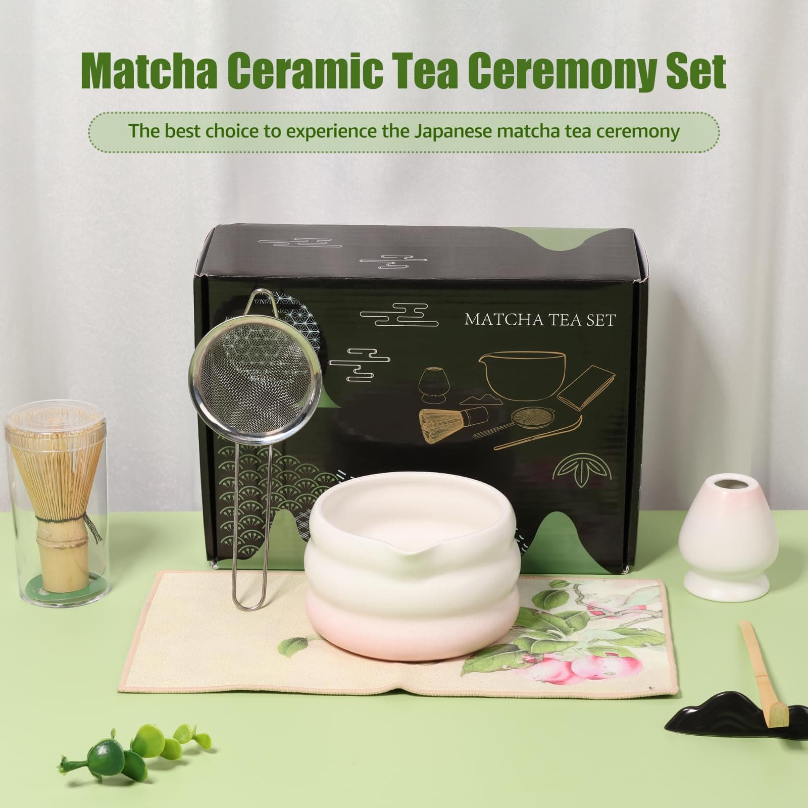 Japanese Matcha Tea Set, Easy to Use, Elegant Green Kit, Smooth Help Relaxing Japanese Tea Making Set, for Matcha Tea Ceremony Home Use (Pink) - Pink thumbnail 4