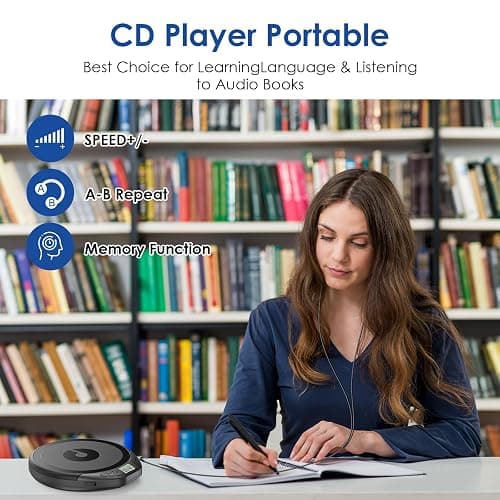 Gueray CD Player Portable CD Dsicman: with Earphones for Car with Anti-Skip Shockproof with LCD Display Support PROG Memory Repeat Function (Black) thumbnail 2