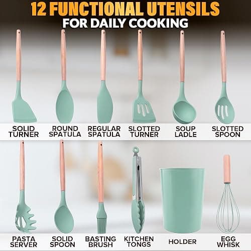 12 Pcs Kitchen Accessories Set with Holder, Silicone Heads (Light Green) | Kitchen Utensils Set for Cooking and Baking; Wooden Handles; Heat-Resistant up to 446°F; Non-Scratch for Nonstick Pans thumbnail 2